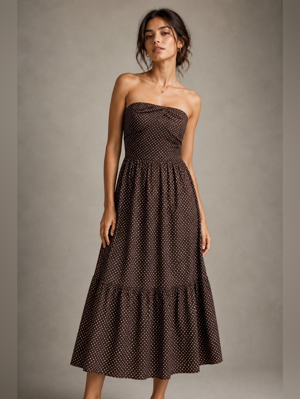 BCBG Polka Dot Dress Strapless Brown White Midi Dress Vintage Inspired